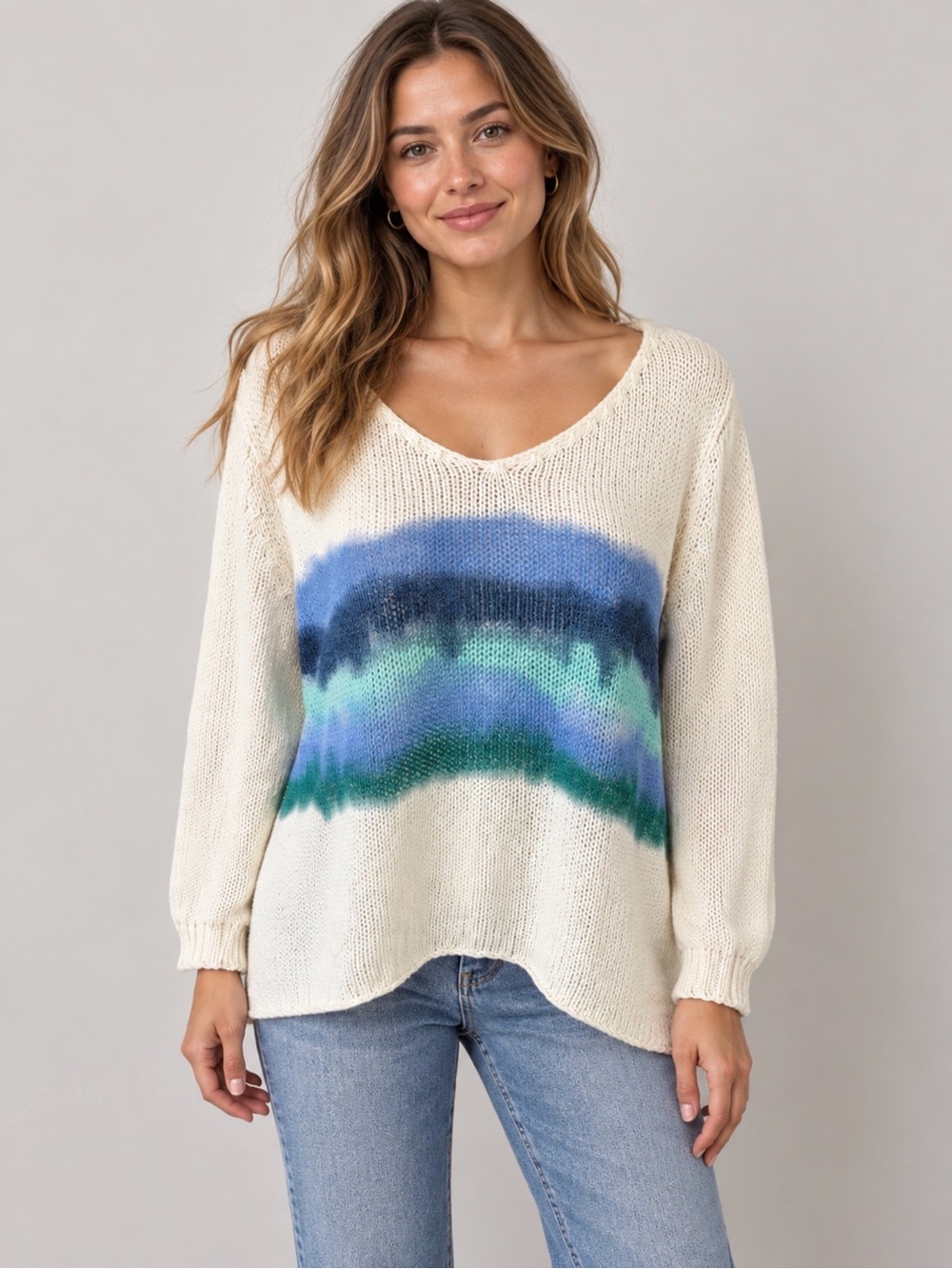 Wooden Ships Cream V-Neck Sweater with Blue and Green Ombre Stripe